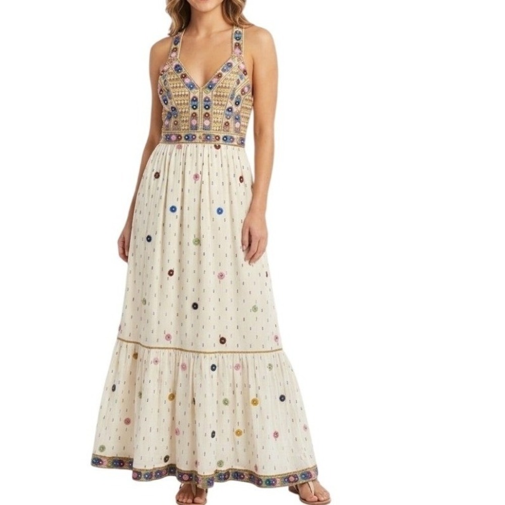 Payal Pratap x Anthropologie NWT Embroidered Maxi Dress Boho Festival Ivory M 8